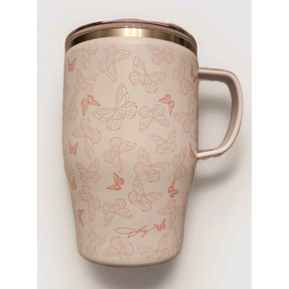 Dolly Parton Butterfly 20 Oz White With Pink Butterflies Tumbler Mug + Lid NEW